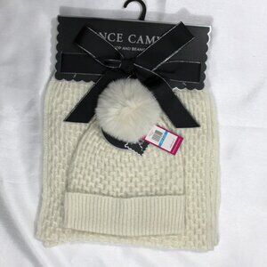 Vince Camuto Ivory Beanie & Scarf Set Faux Fur Pom One Size Winter Gift Set NWT